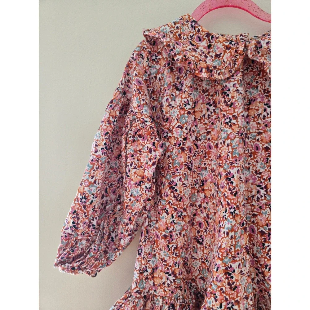 Next Kids Floral Cotton Dress Peter Pan Collar Orange Pink 4-5 Years 800-522-412 - Picture 2 of 6